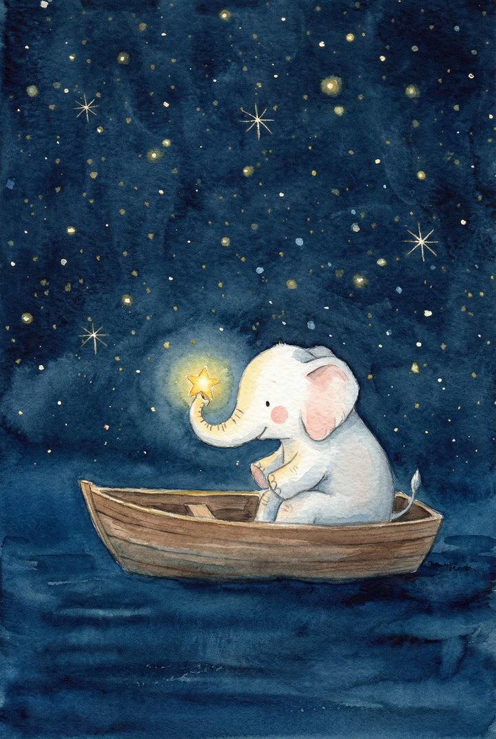 Whimsical wall art print of a tiny pale elephant sitting in a small wooden boat on dark blue water under a star filled night sky. The elephant lifts a glowing yellow star with its trunk, giving the scene a dreamy bedtime story feel.
