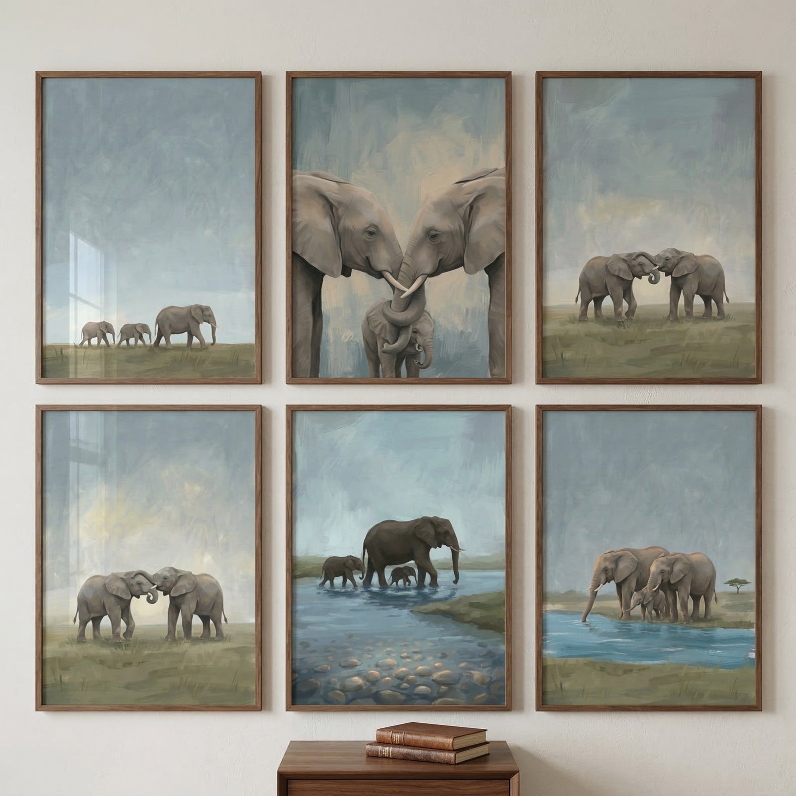 Six framed elephant paintings arranged in two rows above a small wooden table with stacked books. The scenes show elephant families walking across grassland, adults touching trunks with calves between them, and a herd wading through shallow blue water.