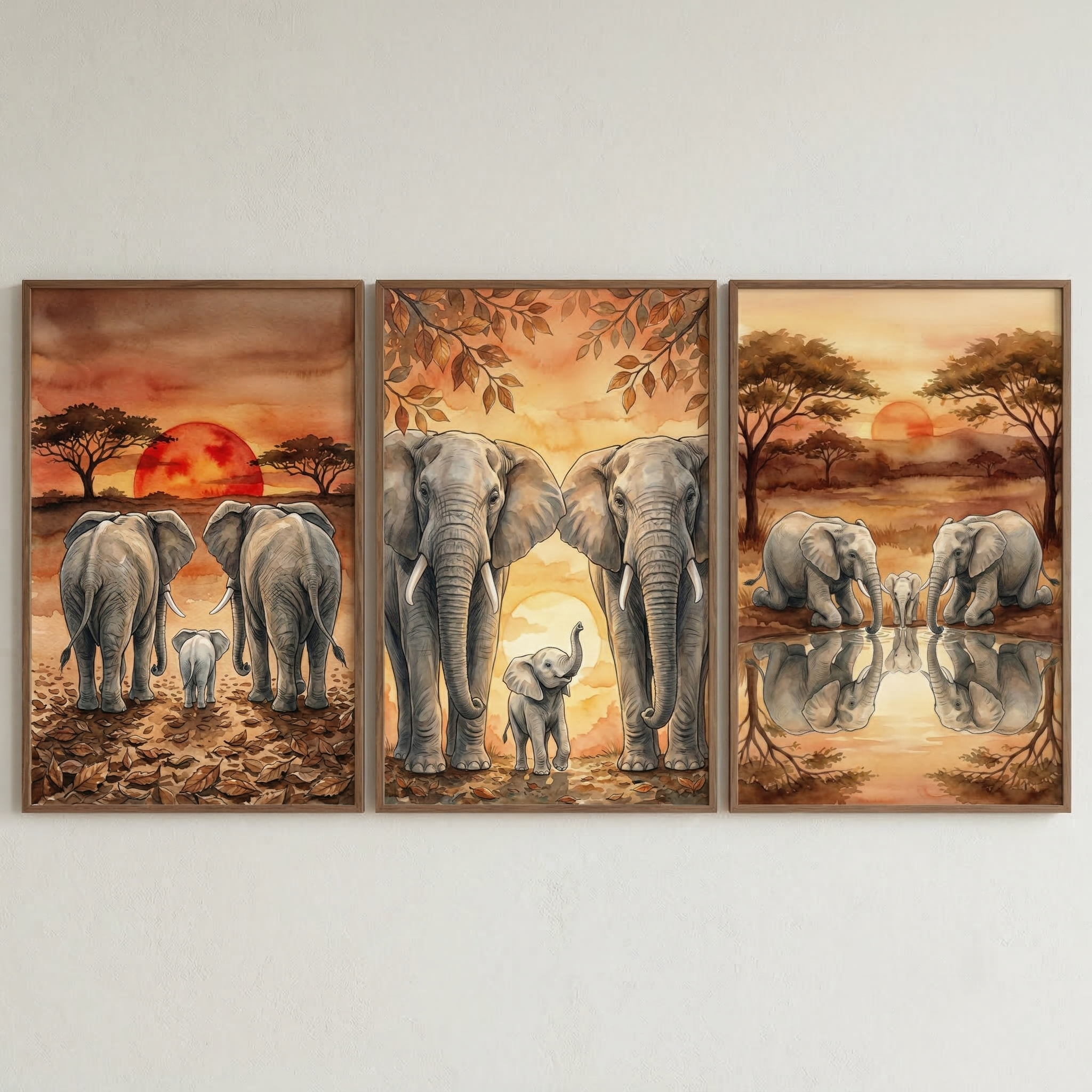 Golden Savanna Elephants Wall Art Set of 3 - Golden Hour Giants