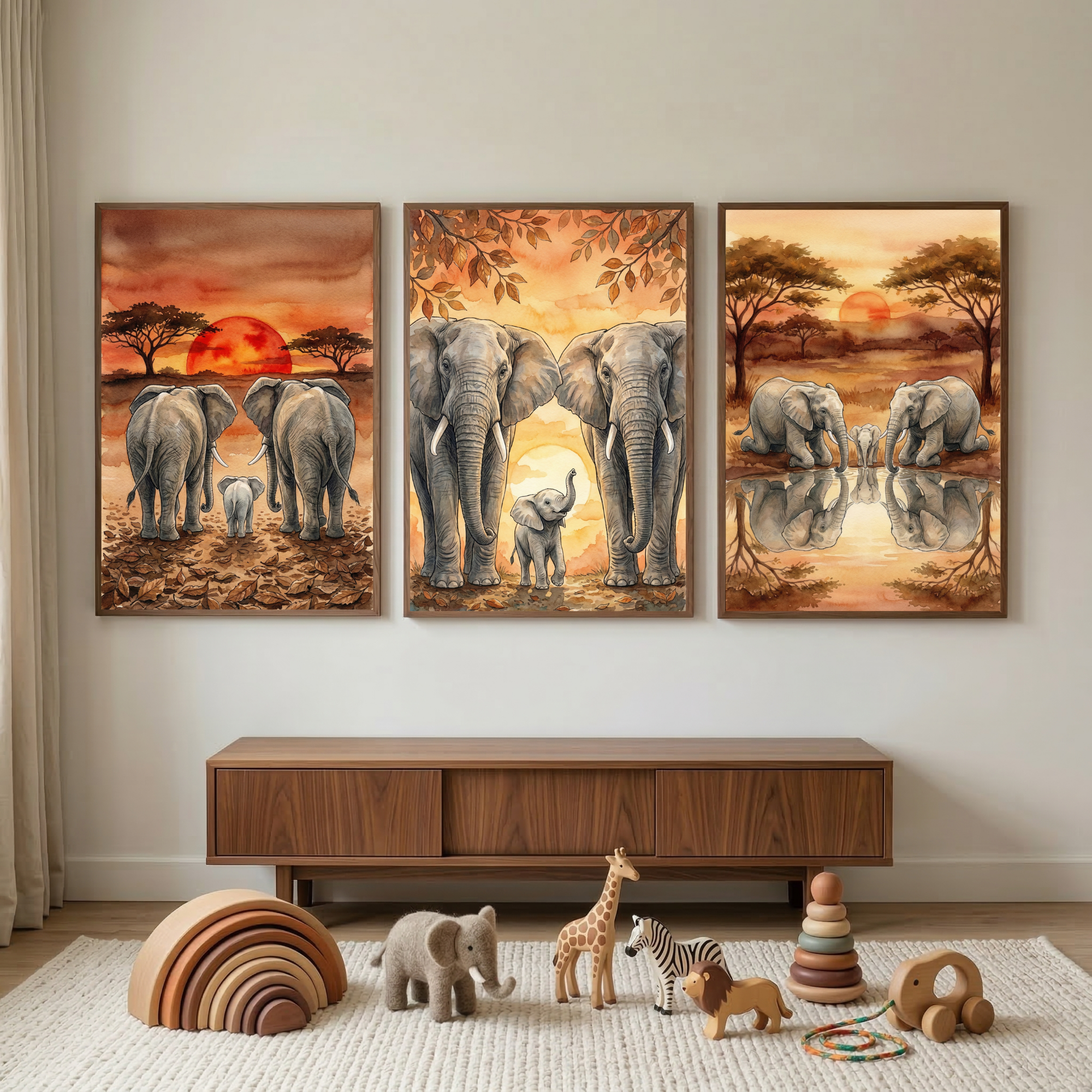 Golden Savanna Elephants Wall Art Set of 3 - Golden Hour Giants