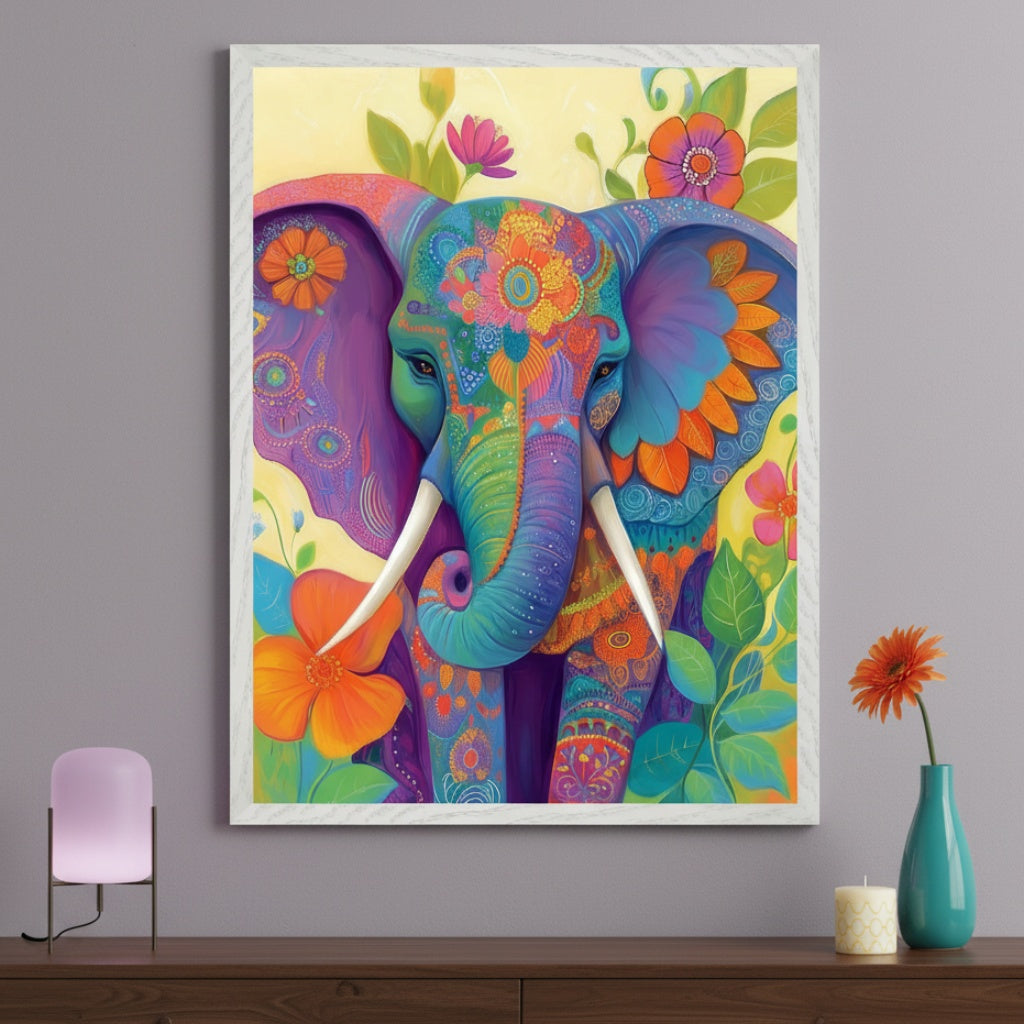 Modern living room with a dark wooden console table. A large framed print of a colorful, ornate elephant adorned with floral patterns hangs centered above the console. A pink lamp and a teal vase with a flower sit on the table.