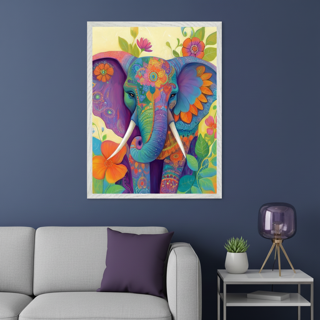 Modern living room with a gray sofa. A vibrant framed illustration of a colorful, patterned elephant surrounded by flowers hangs centered above the sofa.