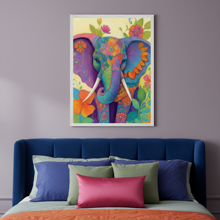 Bedroom with a blue upholstered bed. A large framed colorful art of an ornate elephant with flowers and intricate patterns hangs above the bed.