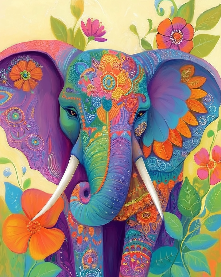 Vibrant, whimsical painting of an elephant decorated with intricate floral and paisley patterns in bright colors like teal, orange, purple, and pink. Surrounded by large, stylized flowers and lush greenery, the artwork exudes a joyful, bohemian energy.