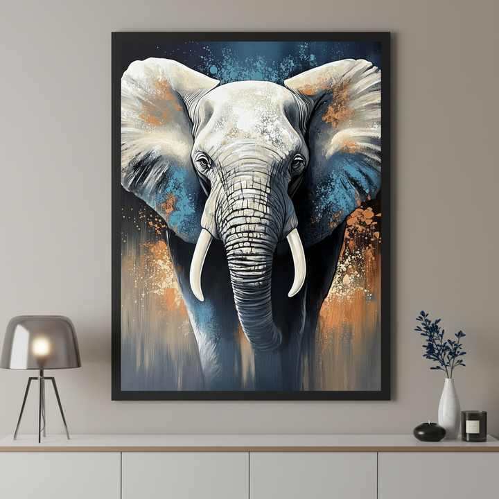 Modern room with a white cabinet. A large framed print of a white and gray elephant in a vibrant, splash art style with blue and orange accents hangs centered above the cabinet. A lamp and decorative items are on the cabinet.