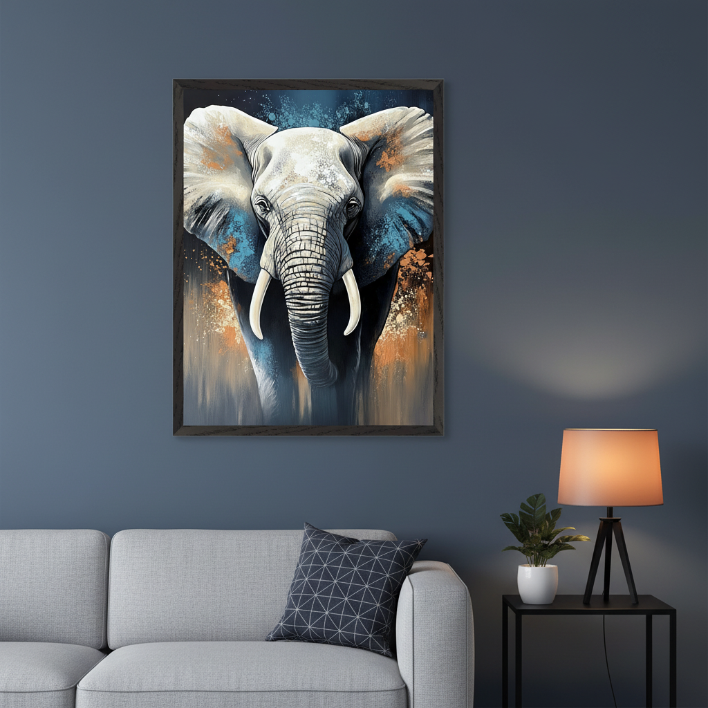 Modern living room with a light gray sofa and black side table. A framed abstract elephant portrait with blue and orange splatters hangs above the sofa, next to a table lamp.