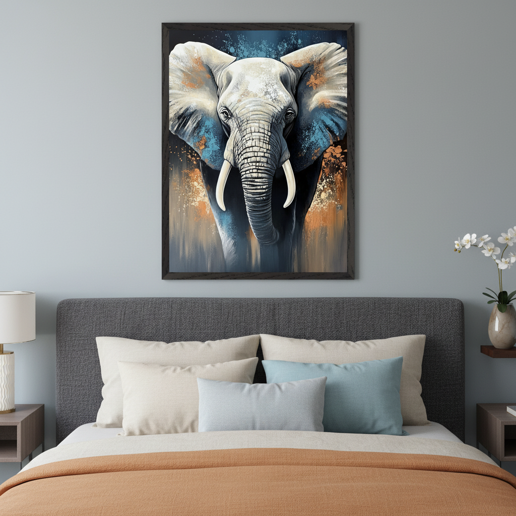 Modern bedroom with a gray upholstered bed. A large framed artwork of an elephant with blue and orange abstract splashes hangs centered above the bed.
