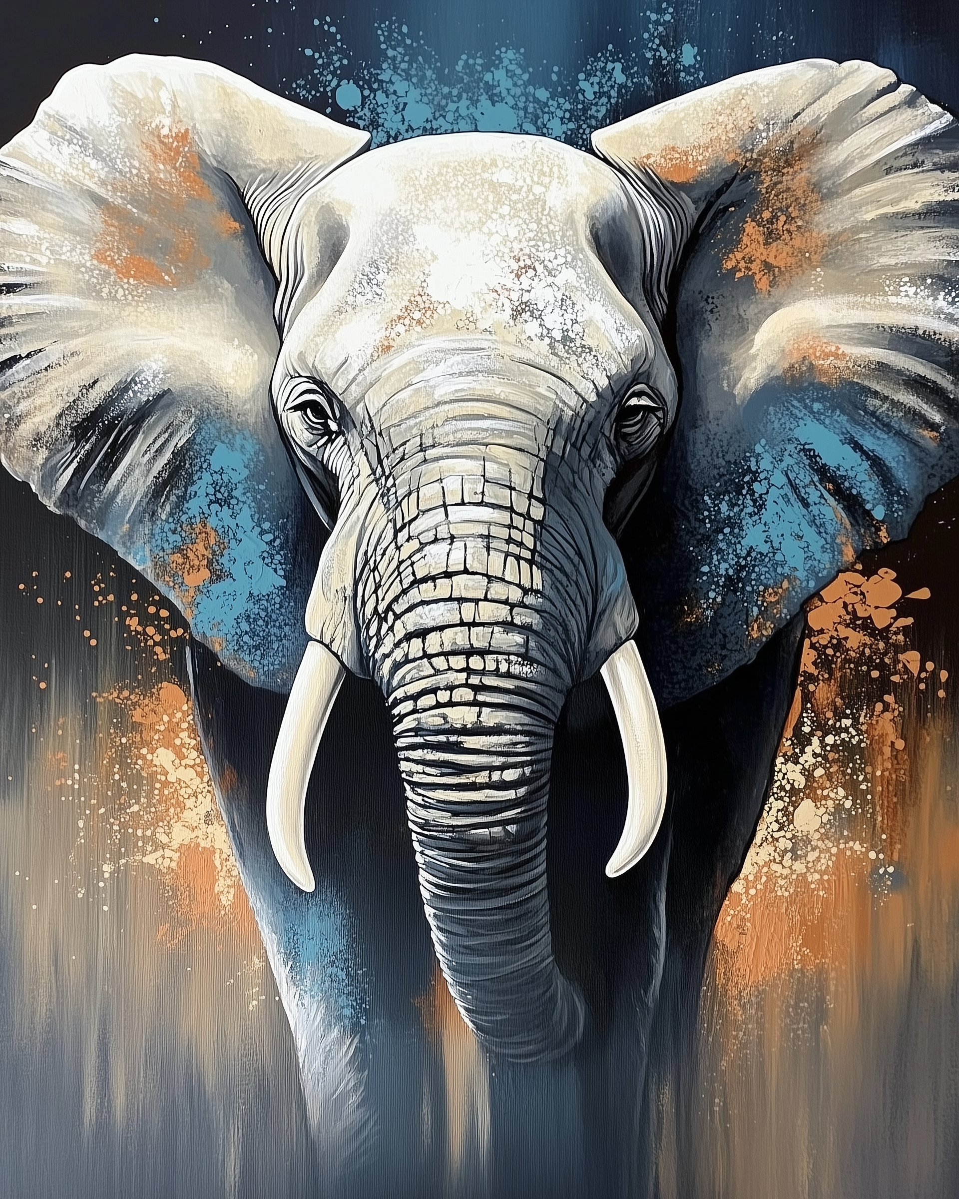 Bold, contemporary painting of an elephant with large tusks, featuring dramatic lighting and splashes of blue and orange paint across its ears and background. The centered composition and textured details create a powerful, modern portrait.