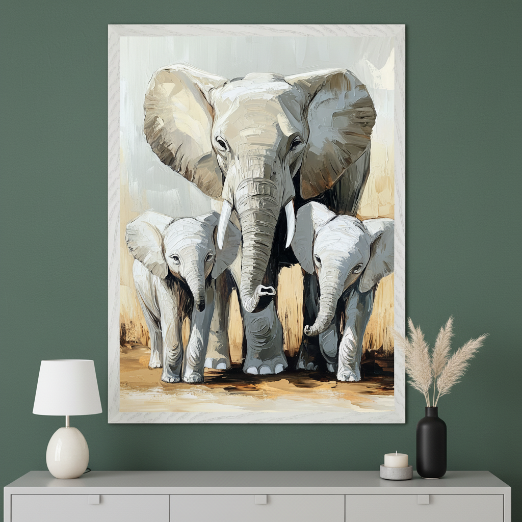 Modern living room with a large framed impasto painting of an elephant family, featuring an adult and two calves, centered above a light gray console table. A white lamp is on the left, and a black vase with pampas grass and a candle are on the right.