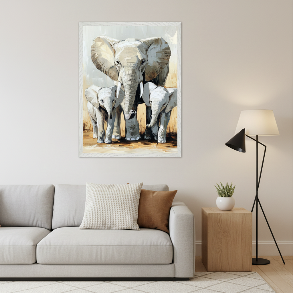 Modern living room with a light gray sofa and wood side table. A large framed print depicting a mother elephant and two calves in a painterly style hangs above the sofa.