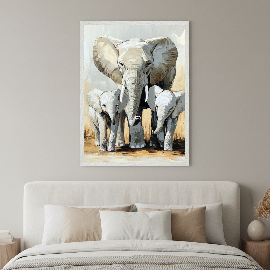 Modern bedroom with a white upholstered bed. A large framed painting of a mother elephant and two baby elephants, in a painterly style, hangs centered above the bed.