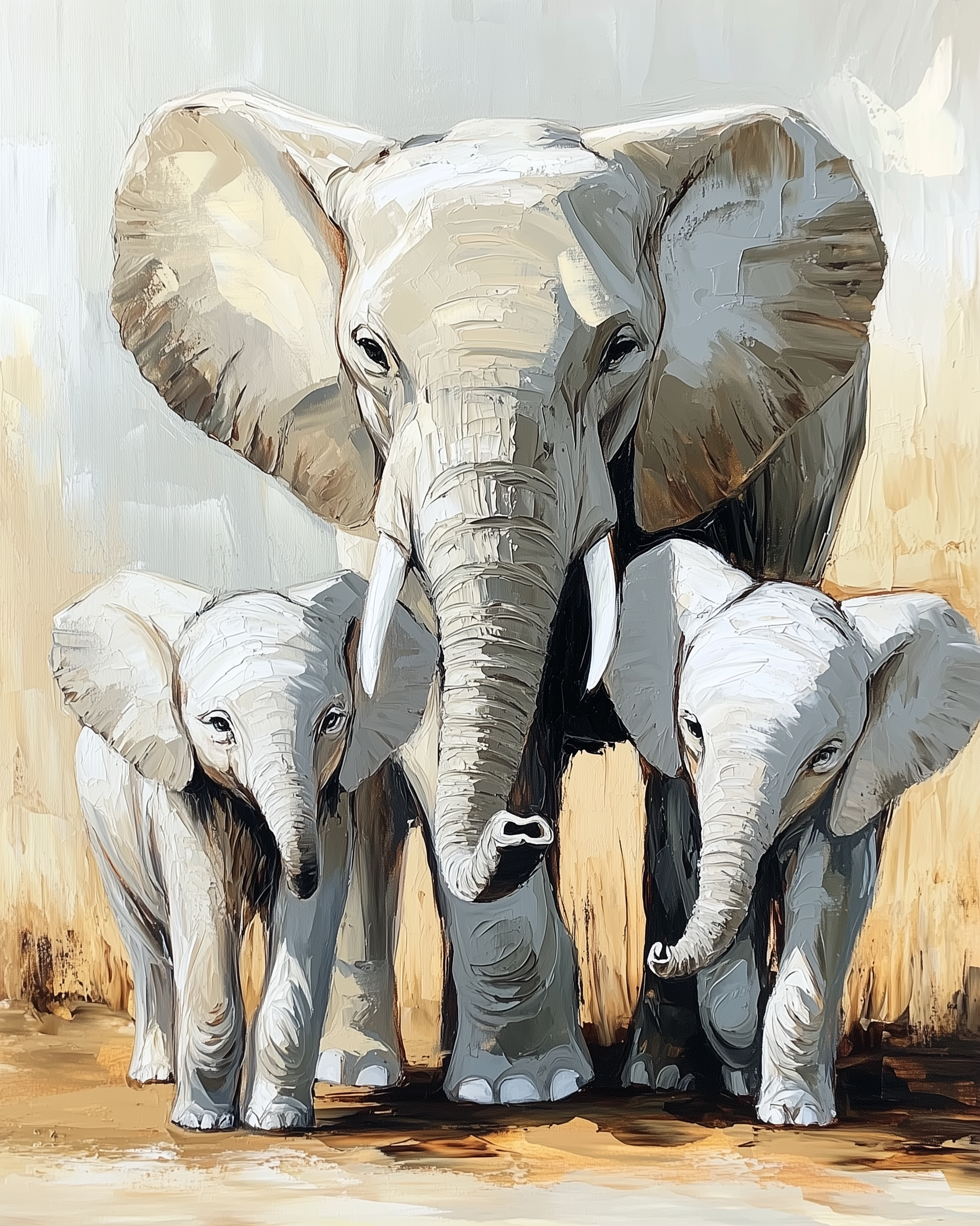 Expressive painting of an adult elephant standing protectively between two calves, all facing forward. Their soft gray tones contrast with the warm, golden background, highlighting the theme of family and guardianship.