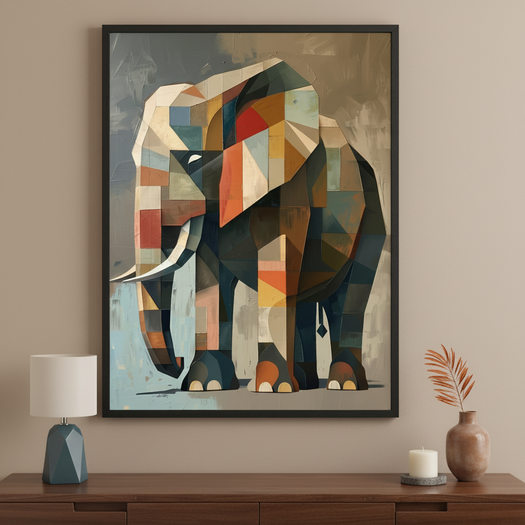 Modern living room with a dark brown wooden console table. A large framed colorful geometric elephant painting hangs centered above the table. A teal lamp is on the left; a vase with a branch and a candle are on the right.