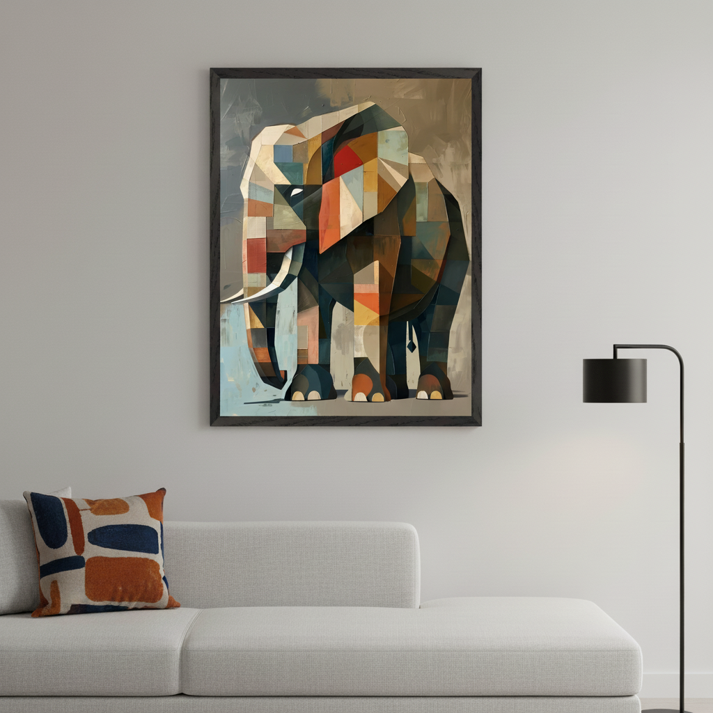 Modern living room with a light grey sectional sofa and a patterned throw pillow. A large black-framed abstract geometric elephant painting in brown, orange, blue, and red hangs above the sofa. A black floor lamp is on the right.