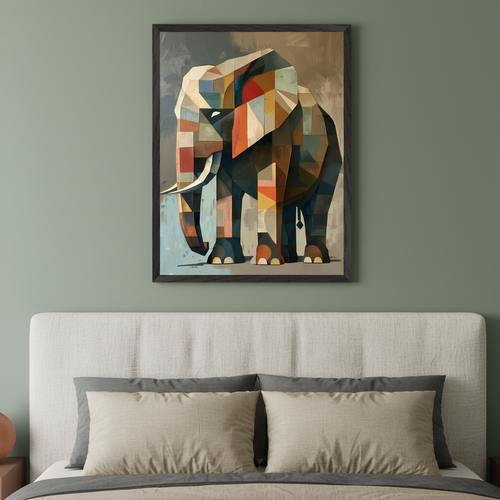 Modern bedroom with a light upholstered bed. A large framed geometric elephant painting, featuring multiple colors, hangs centered above the bed's headboard.