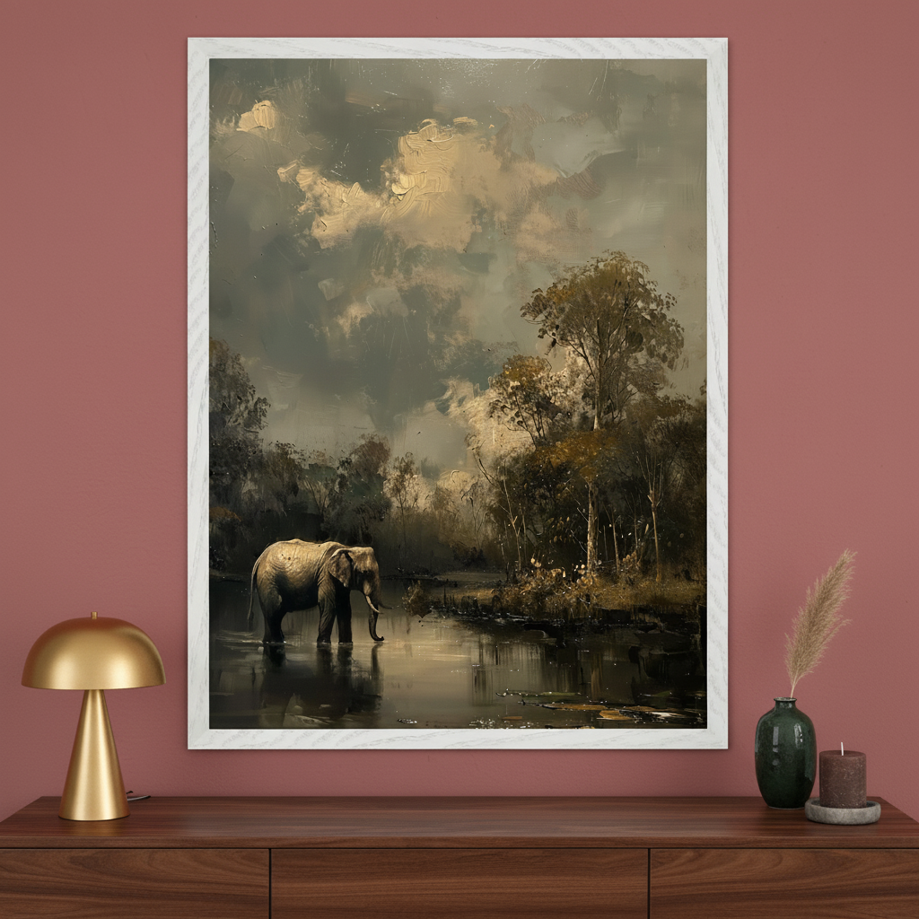 Modern room with a dark wood dresser. A framed painting in an oil-like style, depicting an elephant in a river under a cloudy sky with trees, hangs centered above the dresser. A gold lamp and decorative items are on the dresser.