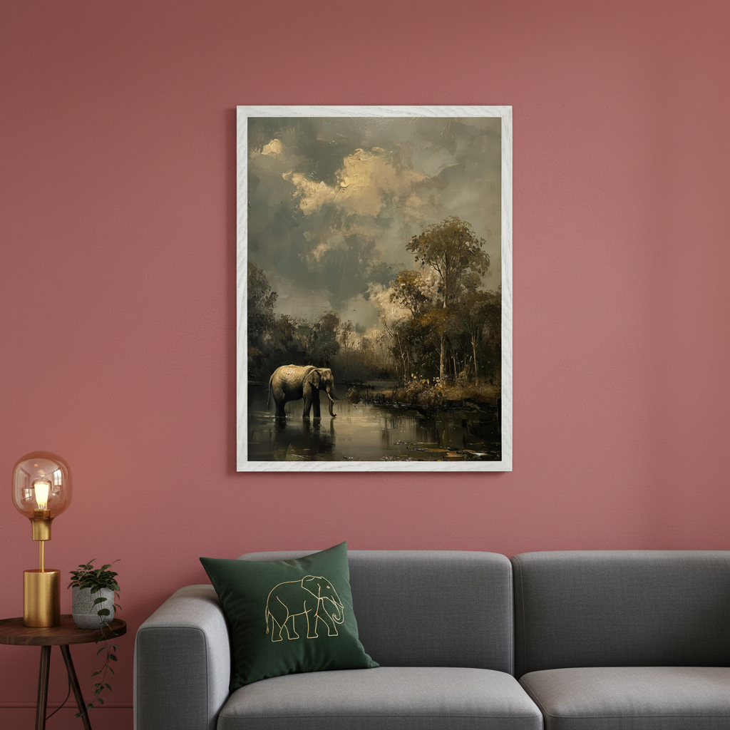 Living room with a gray sofa against a pink wall. A large framed painting of an elephant in a river in a lush, cloudy landscape hangs centered above the sofa. A green pillow with a gold elephant outline is on the sofa.