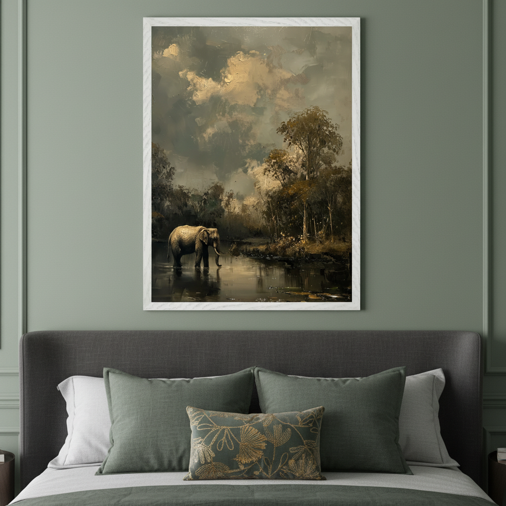 Modern bedroom with a dark grey upholstered bed. A large framed painting hangs centered above the bed, depicting an elephant standing in a river surrounded by dark trees under a cloudy sky with golden light.