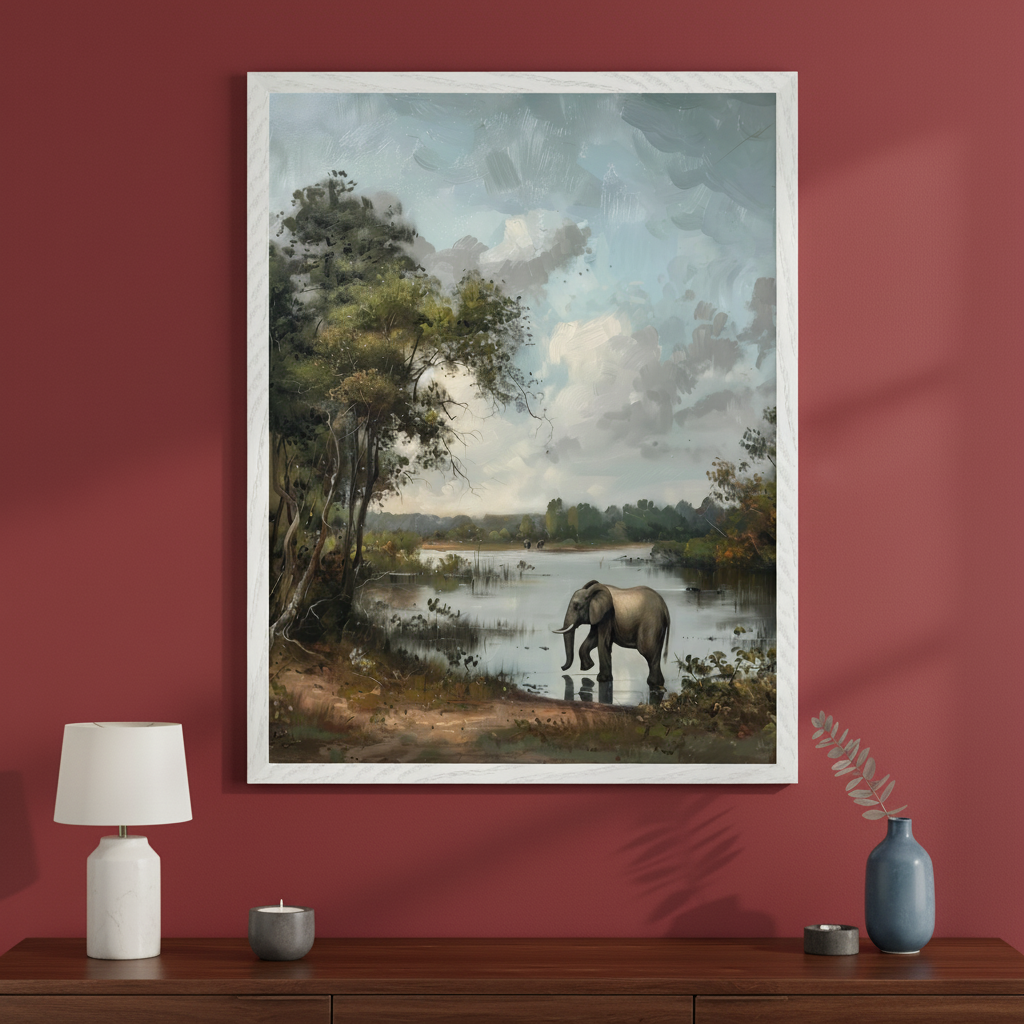 Living room with a dark wood dresser against a red wall. A large framed painterly landscape painting featuring an elephant wading in water, surrounded by trees, hangs centered above the dresser. A lamp and vase are on the dresser.