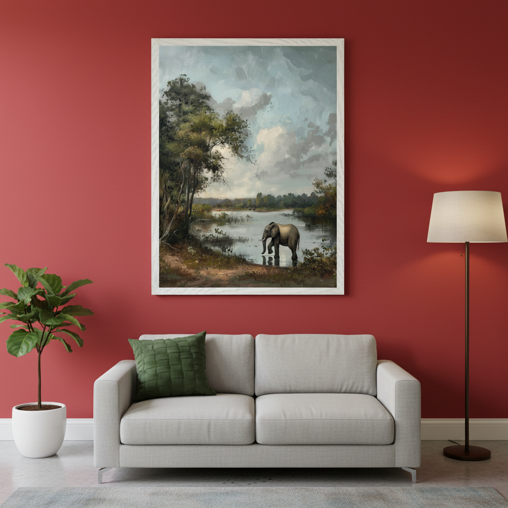 Modern living room with a light gray two-seater sofa and a green throw pillow. A large framed painting of an elephant wading in a lake, surrounded by trees under a cloudy sky, hangs centered above the sofa. A potted plant sits left, a floor lamp right.