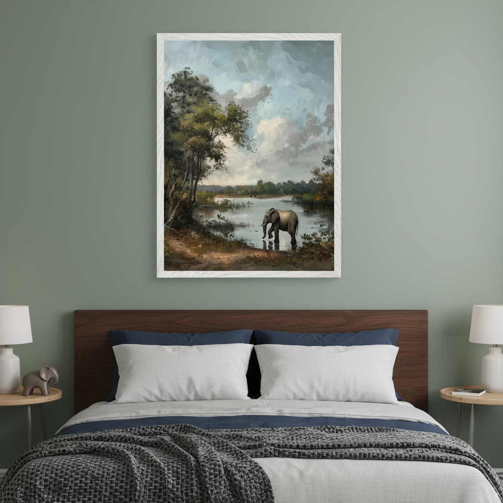 Modern bedroom with a sage green wall. A large framed landscape painting hangs centered above a bed with a wooden headboard. The painting depicts an elephant standing in a body of water surrounded by trees under a cloudy sky, in a painterly style.