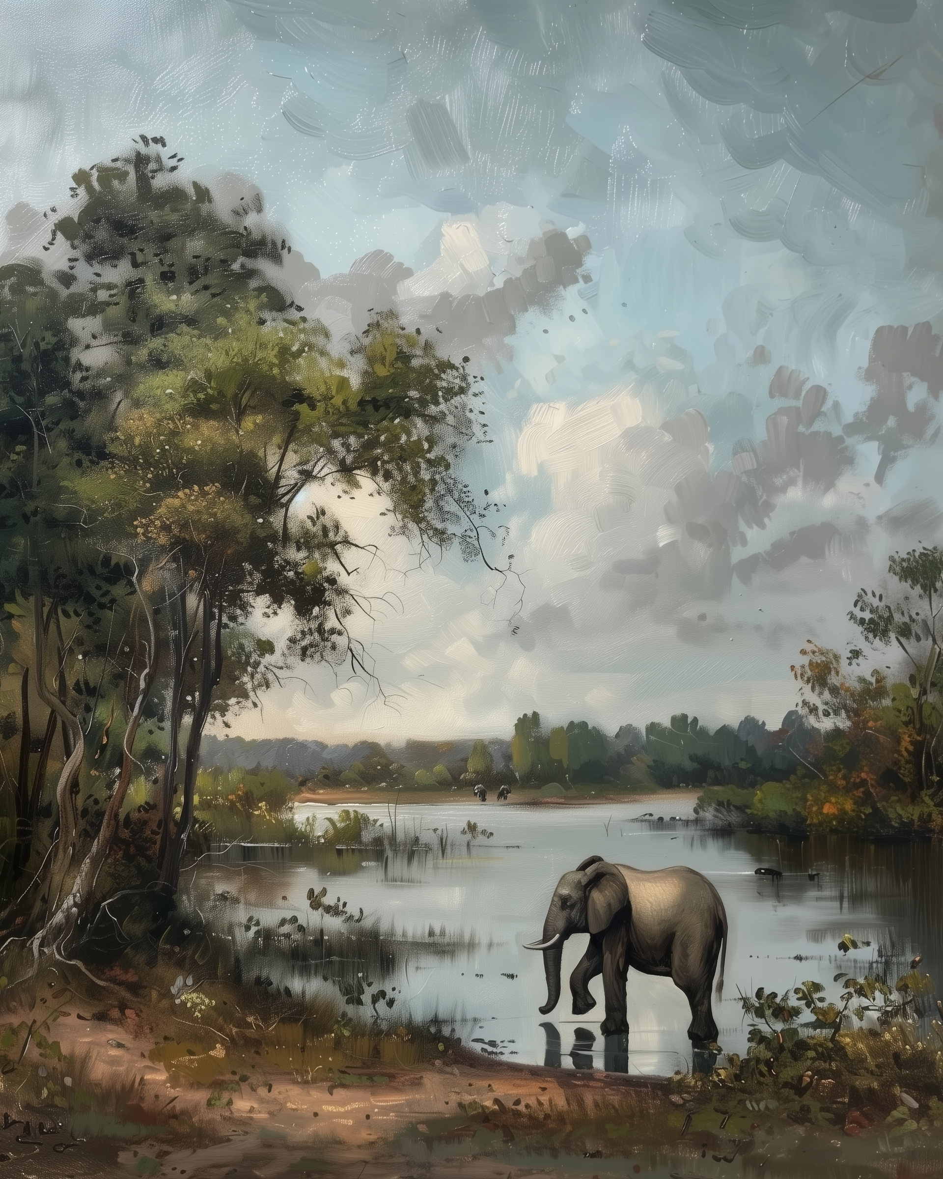 Romantic landscape painting of an elephant at the edge of a calm lake, surrounded by trees and a softly lit sky. The painterly brushstrokes give it a dreamy, tranquil vibe.