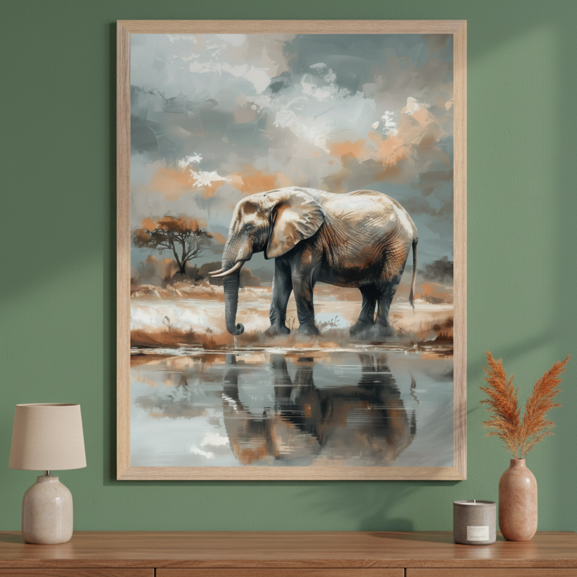 Savannah Reflection - Elephant Framed Wall Art for Living Room, Bedroom or Office