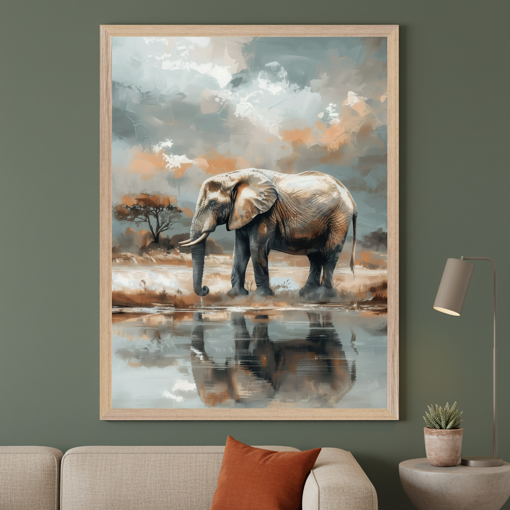 Modern living room with a large framed painterly print of an elephant drinking from a watering hole, its reflection visible. The print hangs above a light beige sofa with an orange pillow. A side table with a lamp and plant is to the right.