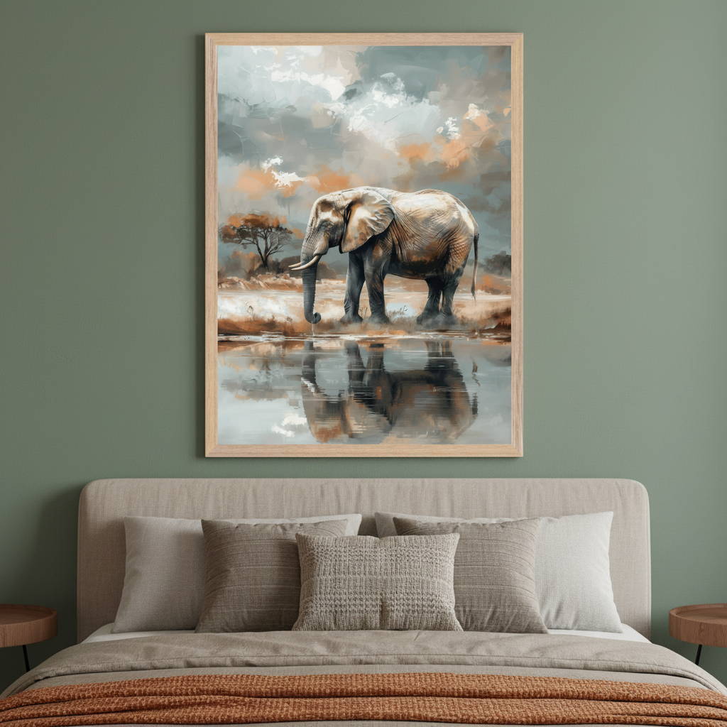 Modern bedroom with a beige upholstered bed. A large framed impressionistic painting of an elephant by a watering hole, with its reflection visible, hangs centered above the bed. The artwork depicts a savanna scene under a cloudy sky.