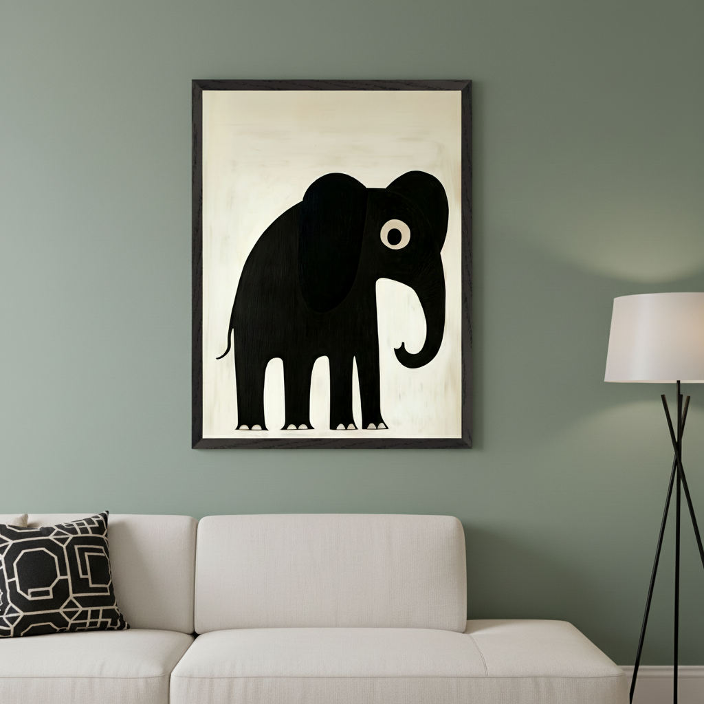 Modern living room with a white sofa and geometric pillow. A large framed print of a minimalist black elephant with a white eye on an off-white background hangs above the sofa, left of a black tripod floor lamp.