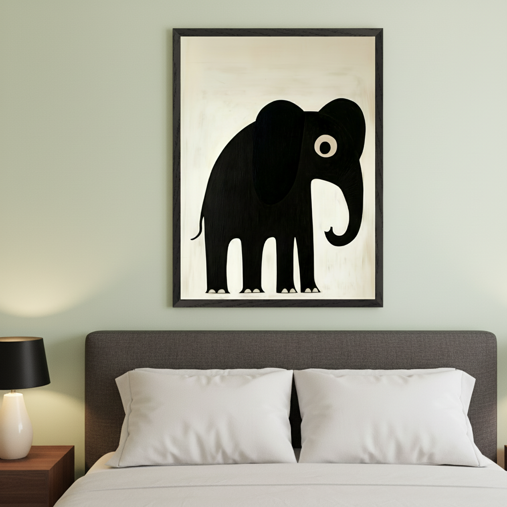 Modern bedroom with a dark gray upholstered bed and white pillows. A large framed print of a black, minimalist elephant on a light background hangs centered above the bed. A bedside lamp is on a wooden table to the left.