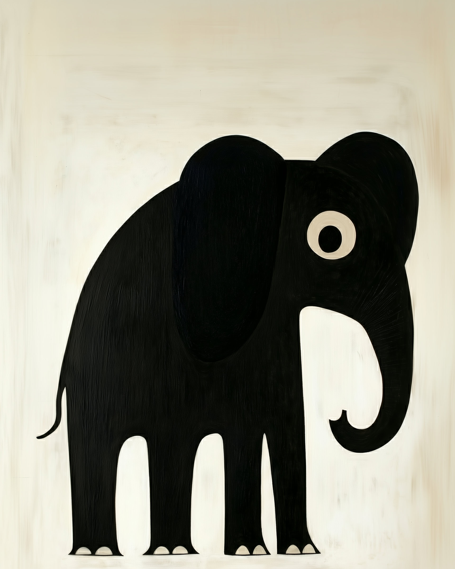 Playful illustration of a black elephant with large white eyes, simplified limbs, and a cream-colored background. The cartoon-like style is ideal for children’s decor or educational use.