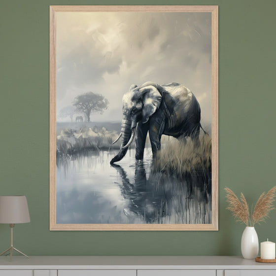 Modern room with a green wall and a white console table. A large framed impressionistic painting of an elephant drinking from a reflective pond, with other elephants and trees in a misty background, hangs centered above the console. A lamp and vase with dried plants are on the table.