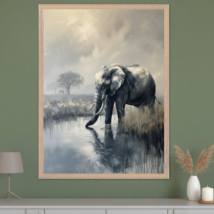 Modern room with a green wall and a white console table. A large framed impressionistic painting of an elephant drinking from a reflective pond, with other elephants and trees in a misty background, hangs centered above the console. A lamp and vase with dried plants are on the table.