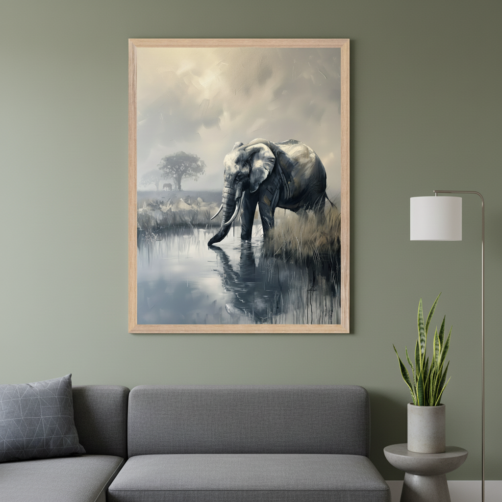 Modern living room with a gray sectional sofa. A large framed painting of an elephant drinking from water, with reflections, hangs above the left side of the sofa. A tree and distant elephants are visible in the background under a cloudy sky.