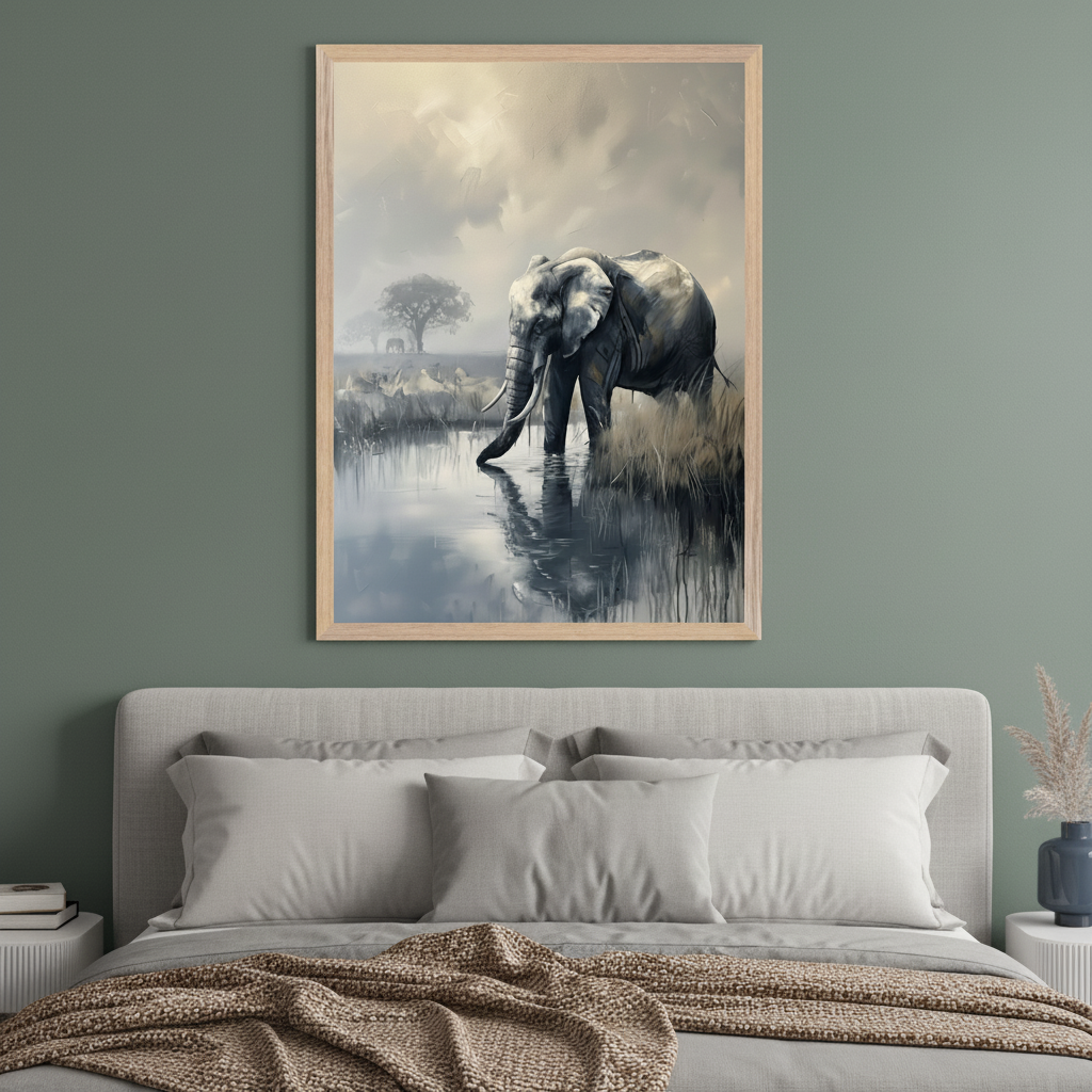 Modern bedroom with a light grey upholstered bed. A large light wood framed, semi-realistic painting of an elephant drinking from water, with a cloudy sky and distant trees, hangs centered above the bed.