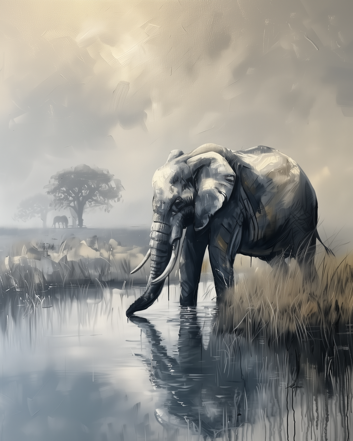 Moody painting of an elephant standing in calm water surrounded by tall grass, with distant trees fading into a foggy, sunlit sky. The soft tones and light reflections create a peaceful, serene atmosphere.