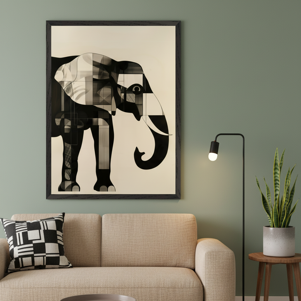 Modern living room with a beige sofa and a black and white geometric pillow. Above the sofa hangs a large framed print of a black and white abstract elephant composed of geometric shapes. A black floor lamp and a snake plant on a wooden side table are to the right.