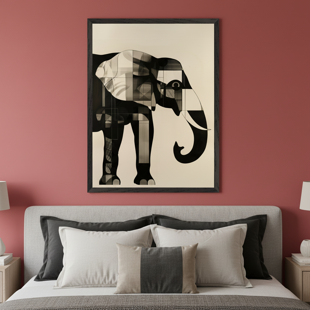 Modern bedroom with a grey upholstered bed against a dusty rose wall. A large framed black and white geometric abstract elephant print hangs centered above the bed.