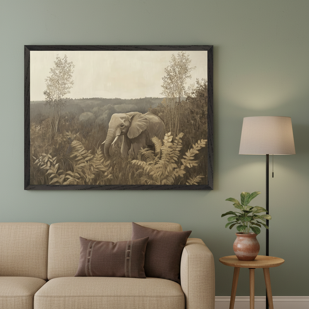 Living room with a beige sofa and floor lamp. A large framed sepia-toned painting of an elephant in a dense jungle hangs above the sofa.
