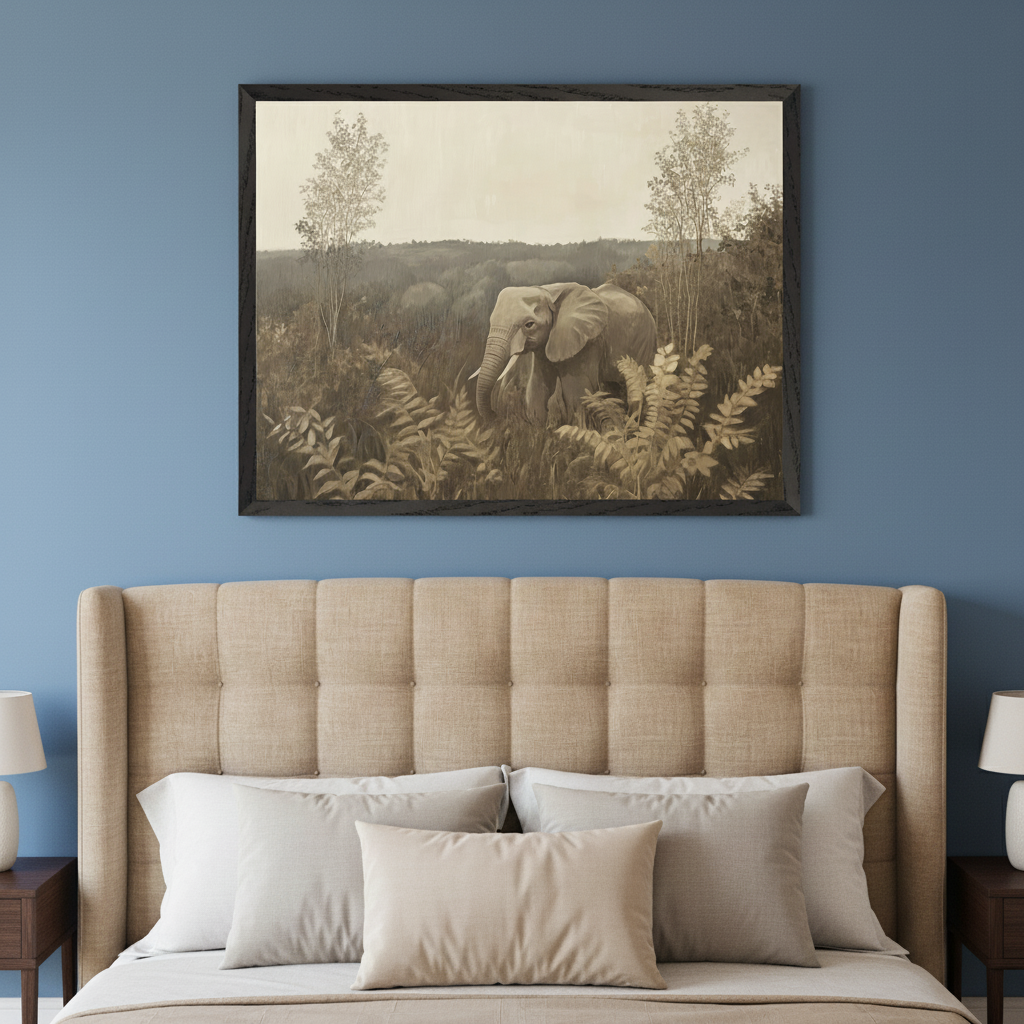 Modern bedroom with a blue wall and a bed featuring a beige tufted headboard. A large framed sepia-toned painting of an elephant in dense foliage hangs centered above the bed.