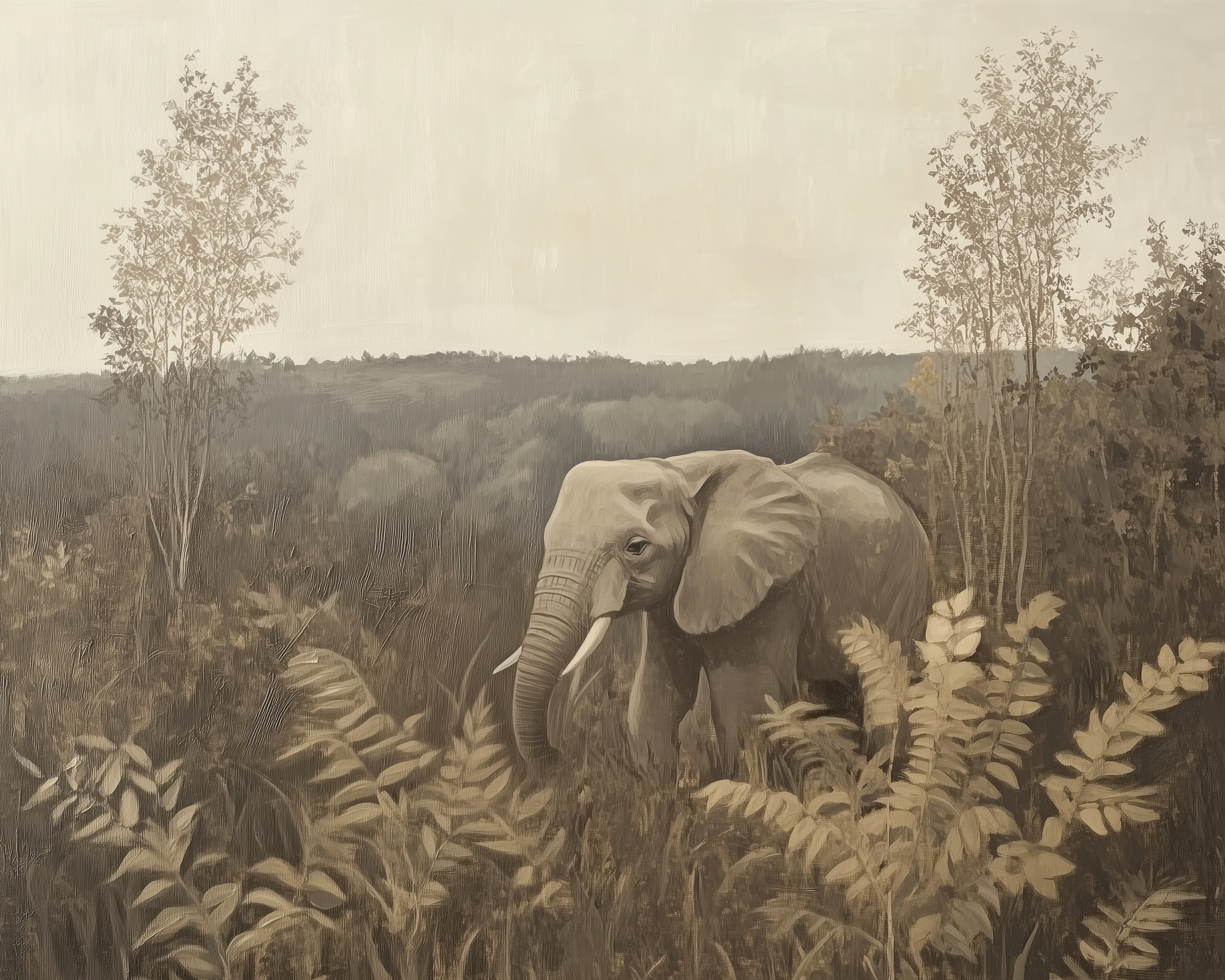 Sepia-toned painting of an elephant surrounded by tall plants and distant rolling hills, under a hazy sky. The vintage look evokes calmness and a sense of natural harmony.