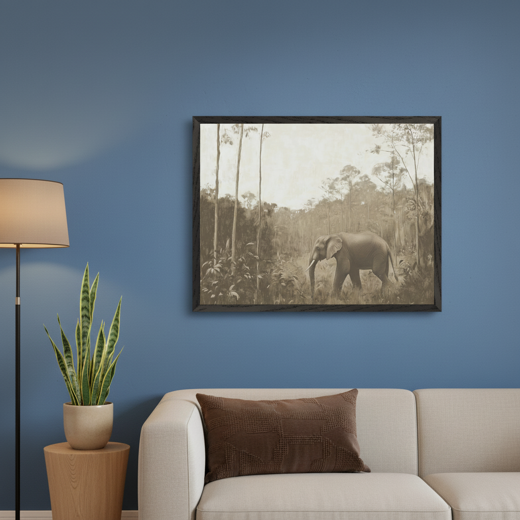 Modern living room with a beige sofa against a blue wall. A black-framed sepia-toned illustration of an elephant walking through a forest hangs above the sofa. A floor lamp and a snake plant on a wooden side table are on the left.
