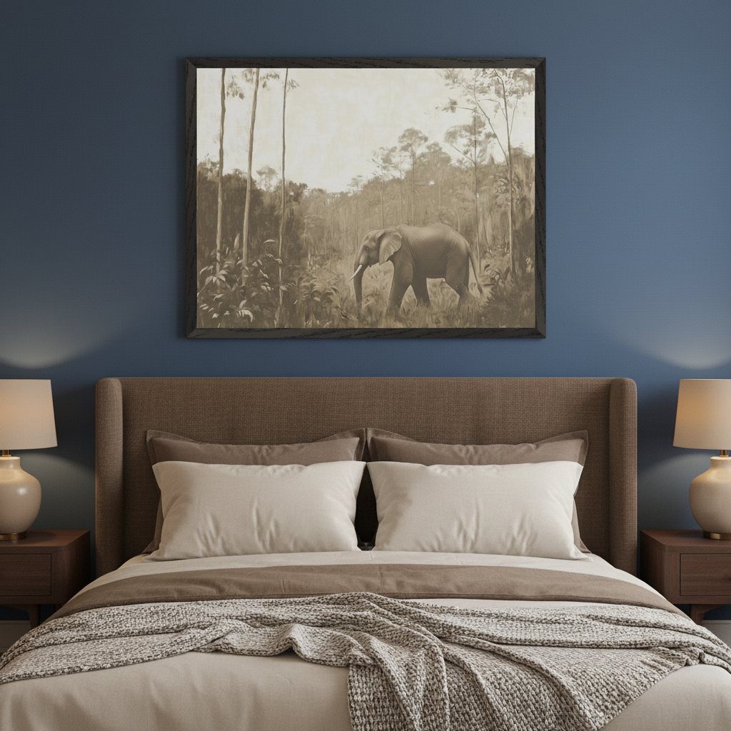 Bedroom with a brown upholstered bed. A large framed sepia-toned print of an elephant walking through a jungle hangs centered on a blue wall above the bed. Nightstands with lamps are on either side.