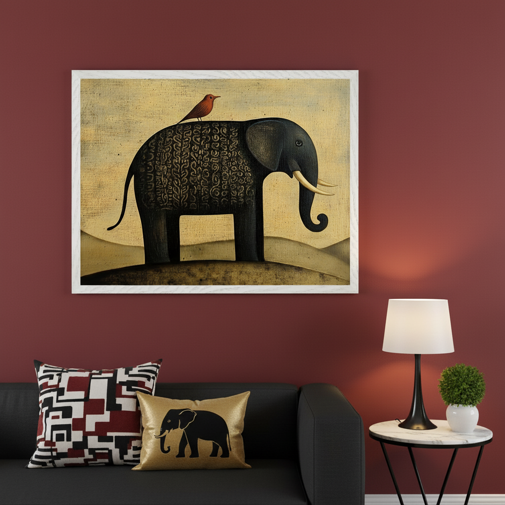 Living room with a black sofa. A large framed painting, centered above the sofa, depicts a stylized dark gray elephant with decorative patterns and a red bird on its back, against a golden hilly background. Two throw pillows are on the sofa. A lamp sits on a small round side table to the right.