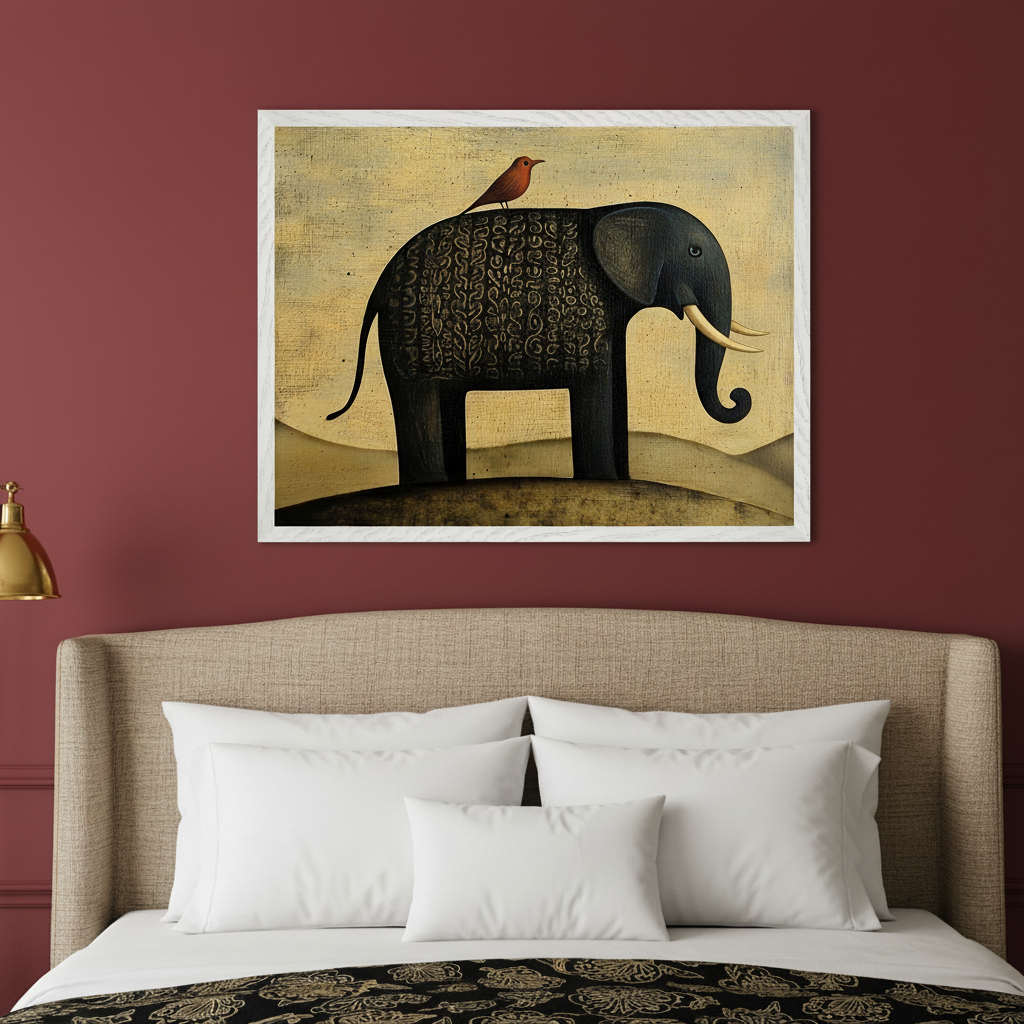 Bedroom with a beige upholstered bed. A framed painting of a stylized black elephant with intricate patterns and a red bird on its back hangs centered above the bed, against a muted yellow background.