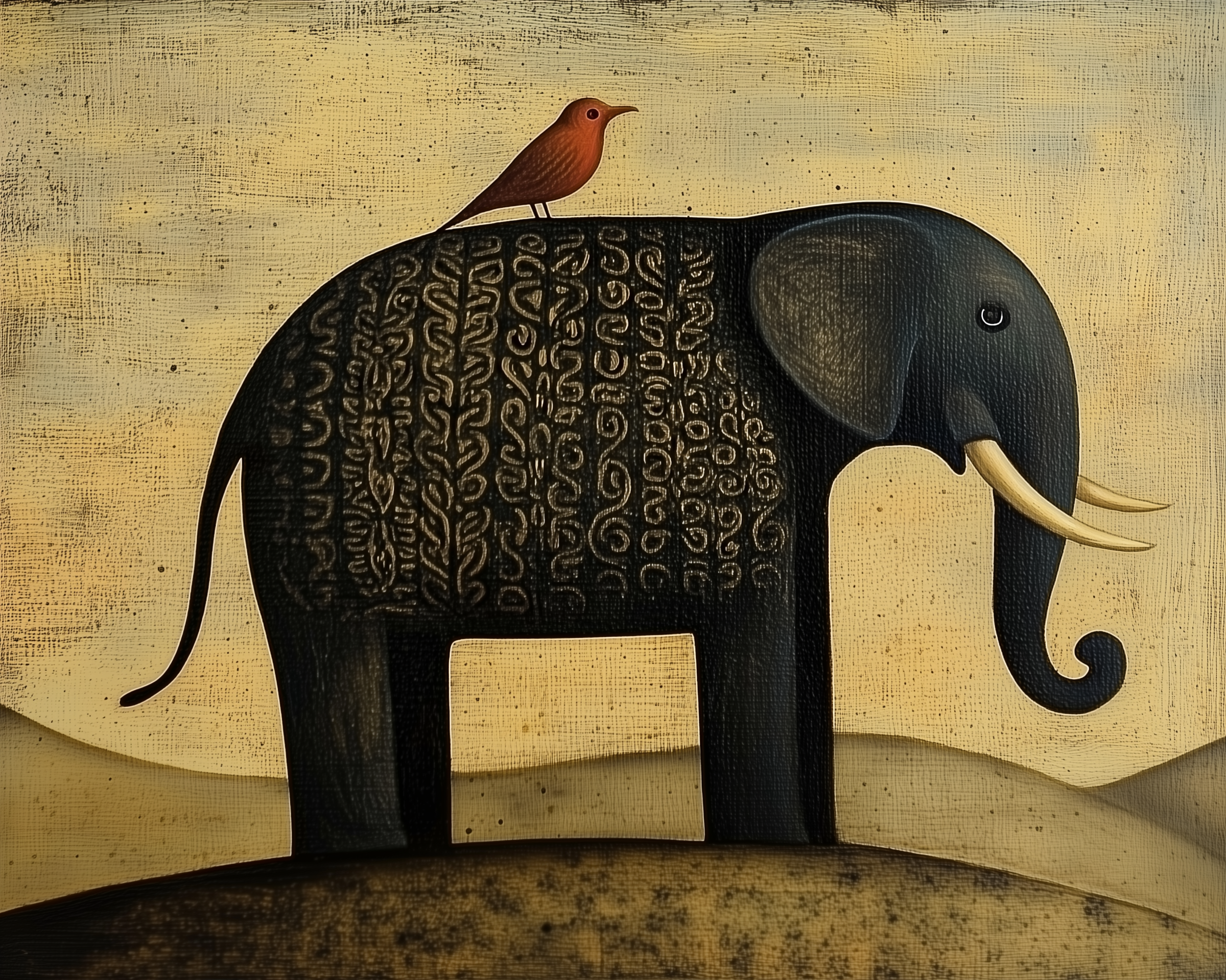 Whimsical folk-style painting of a black elephant with ornate patterns on its back and a red bird perched on top. The warm tones and textured canvas add a handcrafted, storytelling charm.