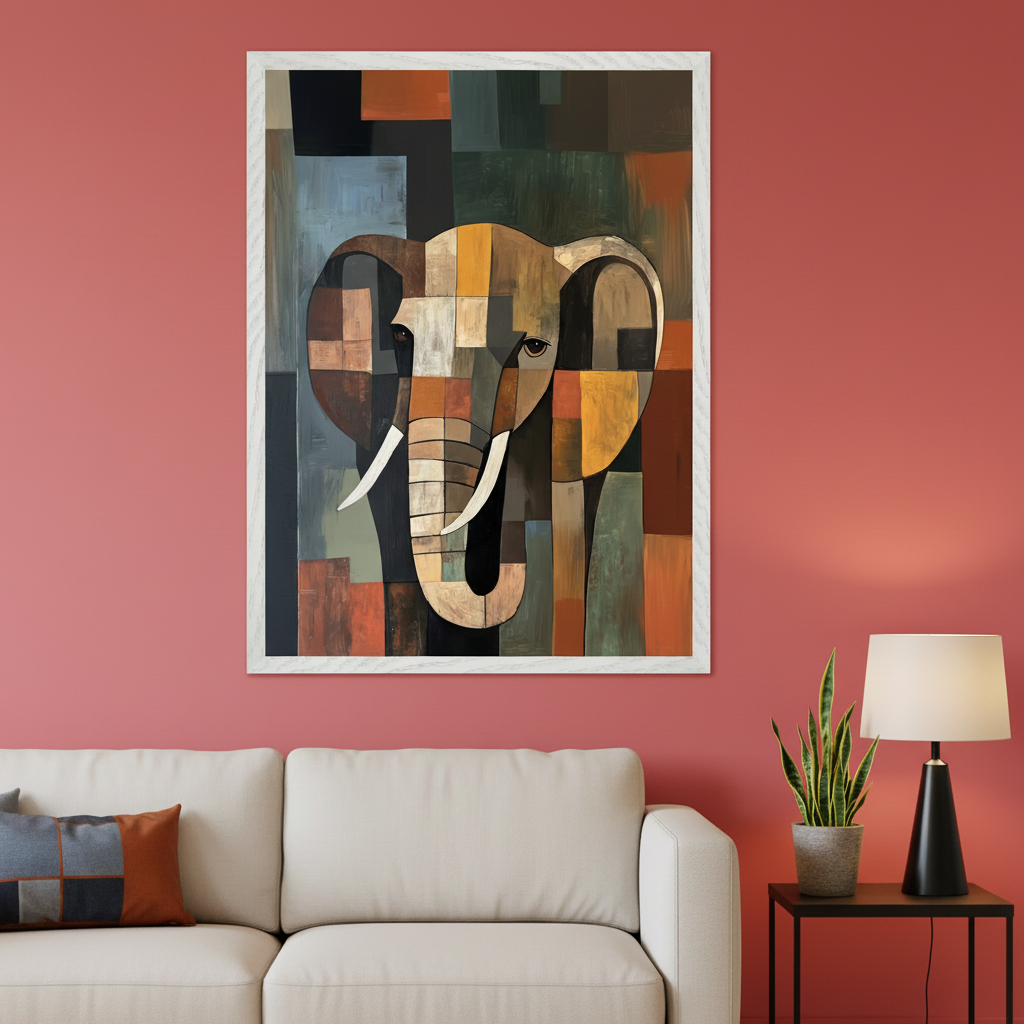 Modern living room with a cream sofa. A large white-framed abstract painting of a geometric elephant in earthy tones hangs centered above the sofa on a terracotta wall. A black side table with a lamp is on the right.