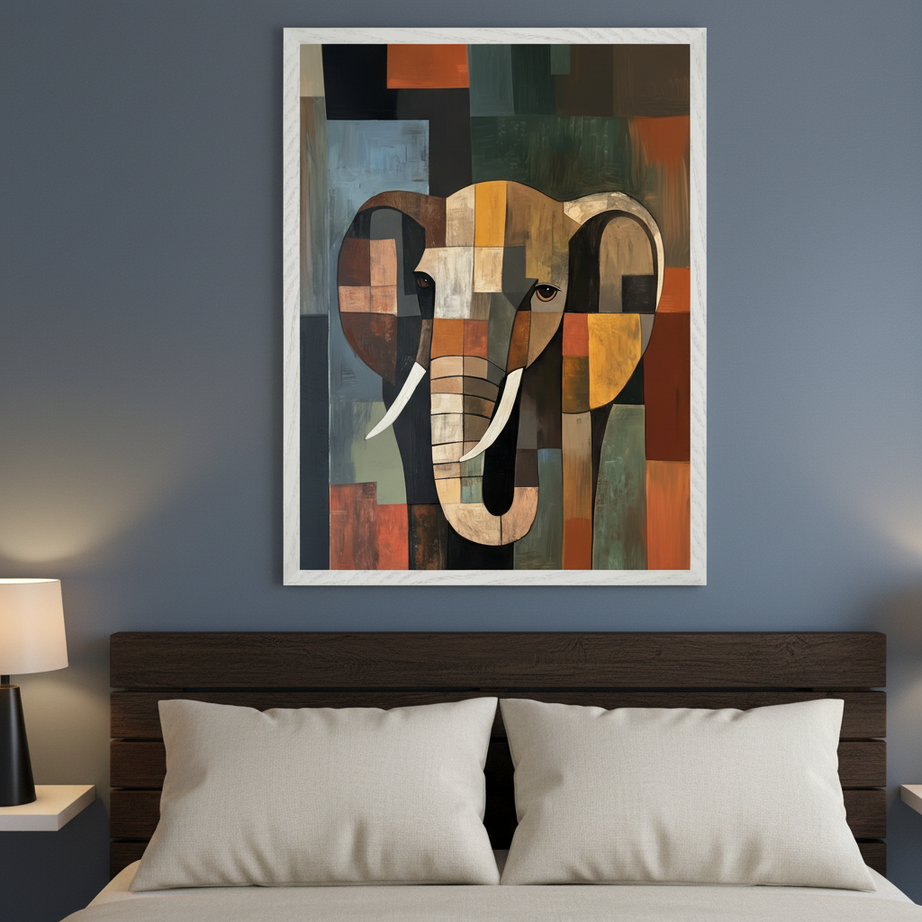 Modern bedroom with a dark wooden headboard and light pillows. A large framed abstract cubist elephant painting hangs centered on a dark gray wall above the bed. Nightstands with lamps are visible on the sides.