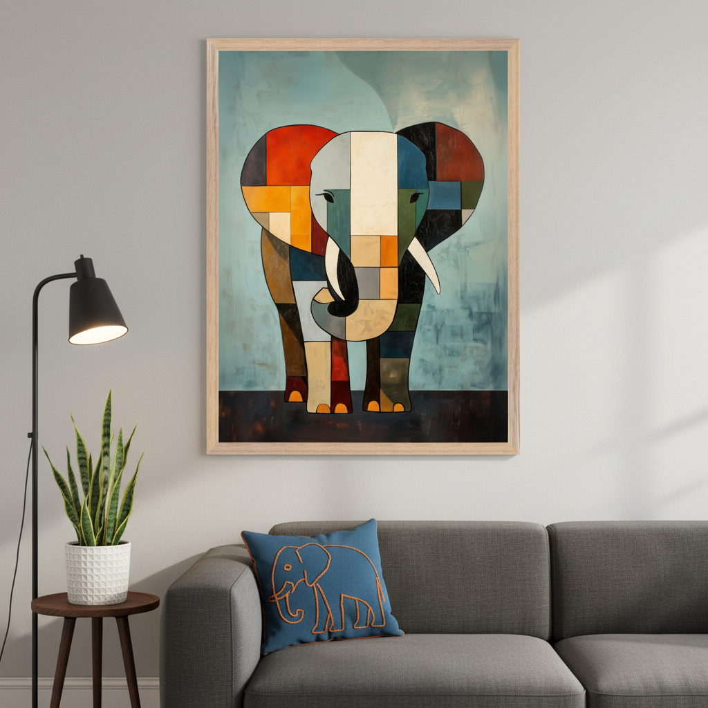 Modern living room with a grey sectional sofa, black floor lamp, and plant. A large, framed cubist-style painting of an elephant made of colorful geometric blocks on a blue background hangs centered above the sofa. A blue elephant-embroidered pillow rests on the sofa.